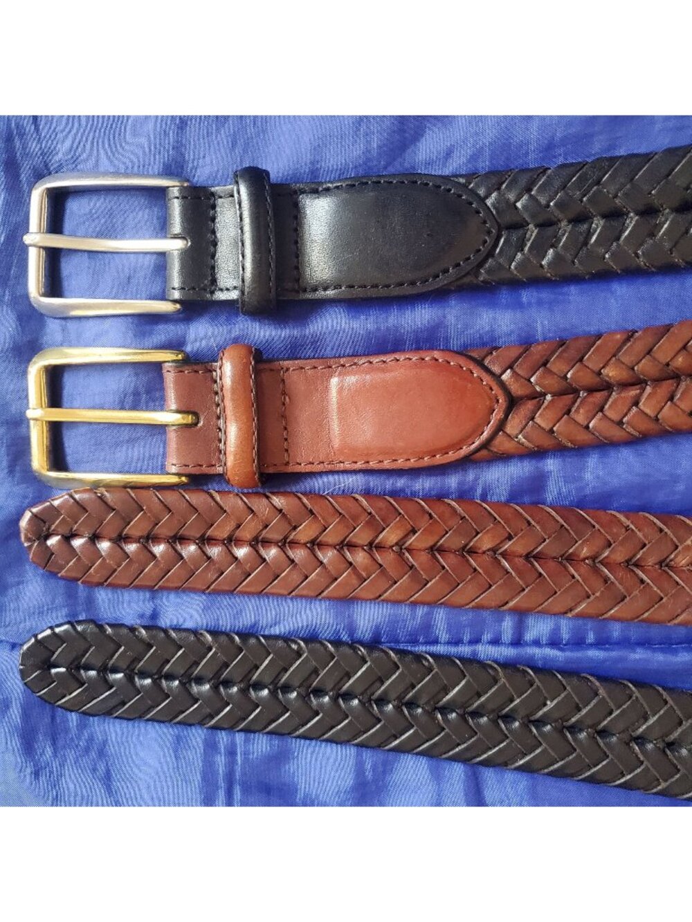 Vtg 2 Lands End Belts Men 44 Brown & Black. 1.25" Wide, BrassBuckle. Cobra Braid